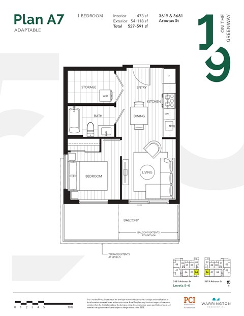 Floor plan for 1 bed, 1 bath, 473 sqft